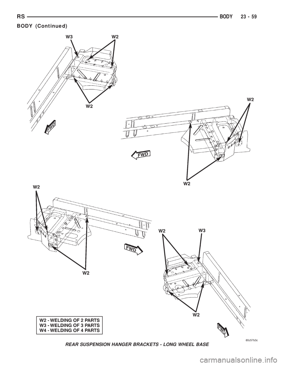 CHRYSLER VOYAGER 2001  Service Manual REAR SUSPENSION HANGER BRACKETS - LONG WHEEL BASE
RSBODY23-59
BODY (Continued) 