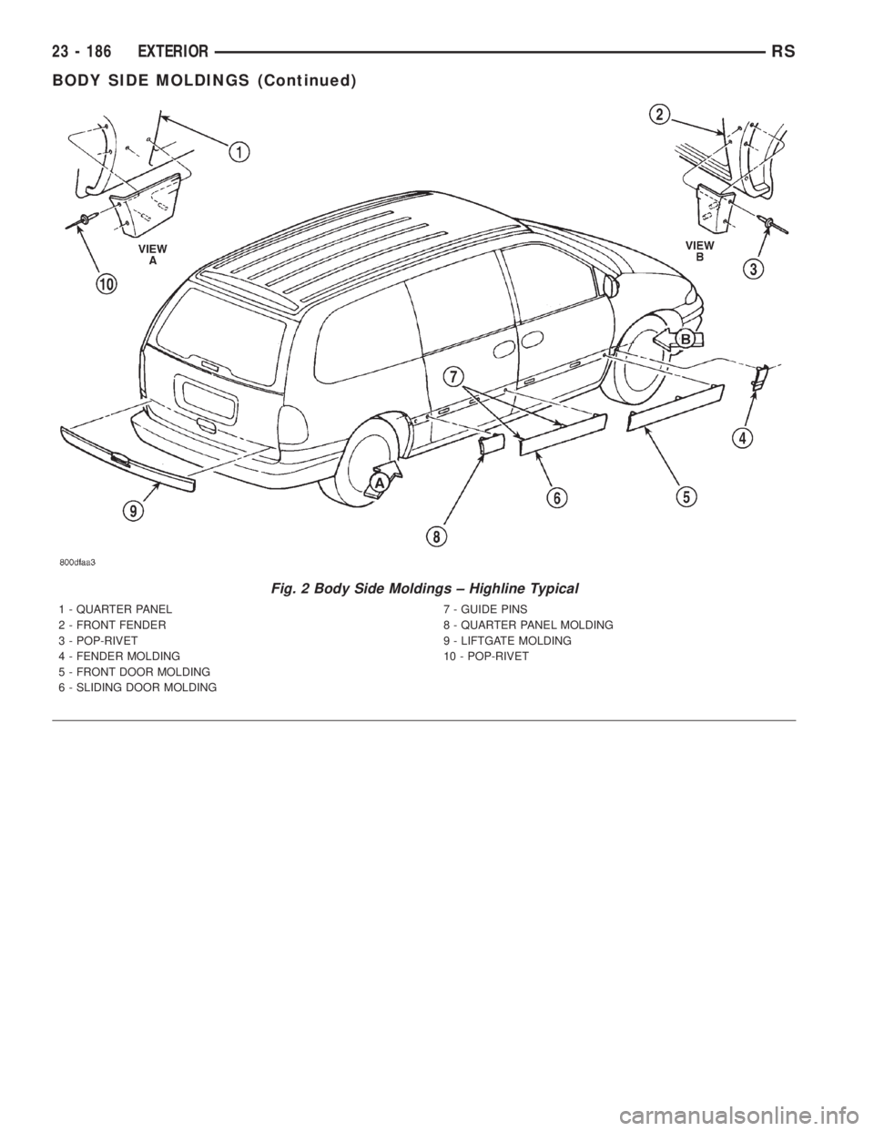 CHRYSLER VOYAGER 2001  Service Manual Fig. 2 Body Side Moldings ± Highline Typical
1 - QUARTER PANEL
2 - FRONT FENDER
3 - POP-RIVET
4 - FENDER MOLDING
5 - FRONT DOOR MOLDING
6 - SLIDING DOOR MOLDING7 - GUIDE PINS
8 - QUARTER PANEL MOLDIN