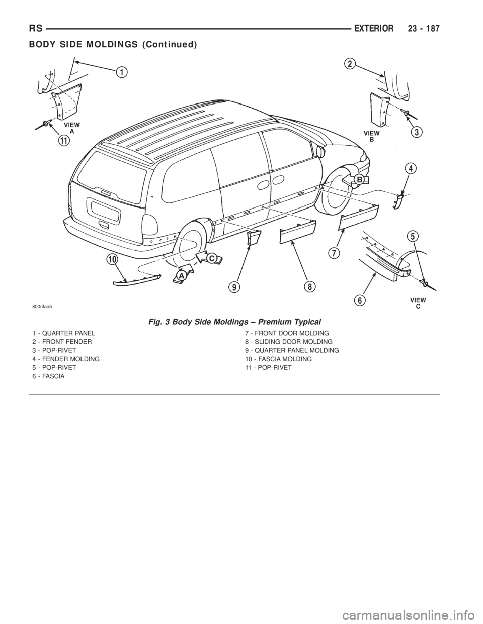 CHRYSLER VOYAGER 2001  Service Manual Fig. 3 Body Side Moldings ± Premium Typical
1 - QUARTER PANEL
2 - FRONT FENDER
3 - POP-RIVET
4 - FENDER MOLDING
5 - POP-RIVET
6 - FASCIA7 - FRONT DOOR MOLDING
8 - SLIDING DOOR MOLDING
9 - QUARTER PAN
