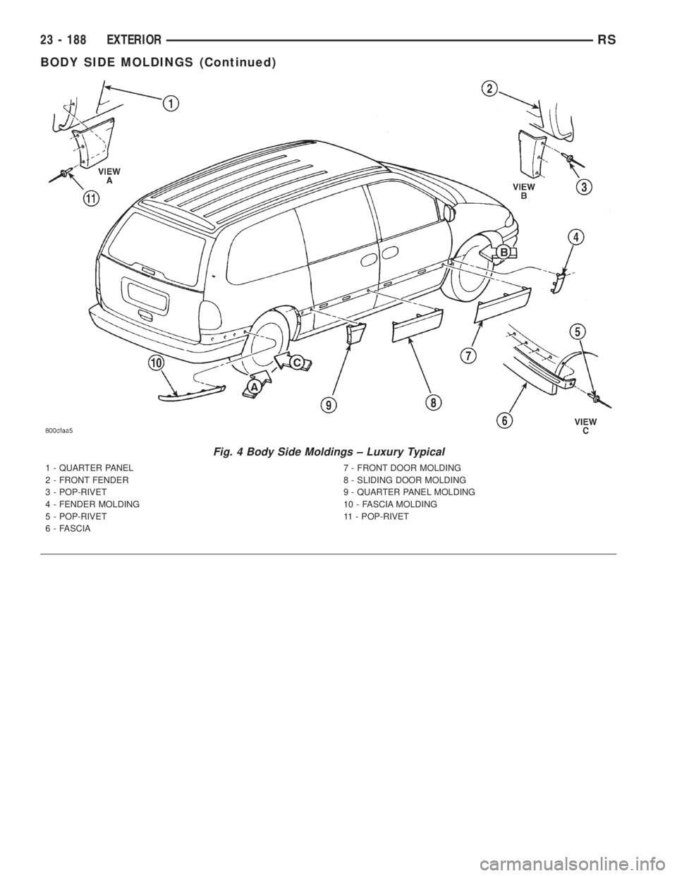 CHRYSLER VOYAGER 2001  Service Manual Fig. 4 Body Side Moldings ± Luxury Typical
1 - QUARTER PANEL
2 - FRONT FENDER
3 - POP-RIVET
4 - FENDER MOLDING
5 - POP-RIVET
6 - FASCIA7 - FRONT DOOR MOLDING
8 - SLIDING DOOR MOLDING
9 - QUARTER PANE