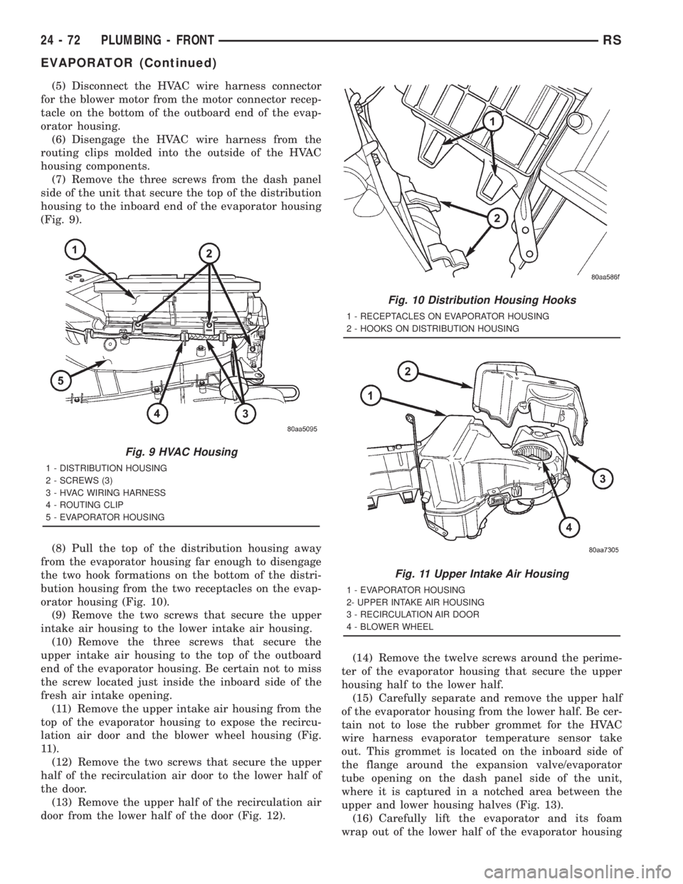 CHRYSLER VOYAGER 2001  Service Manual (5) Disconnect the HVAC wire harness connector
for the blower motor from the motor connector recep-
tacle on the bottom of the outboard end of the evap-
orator housing.
(6) Disengage the HVAC wire har