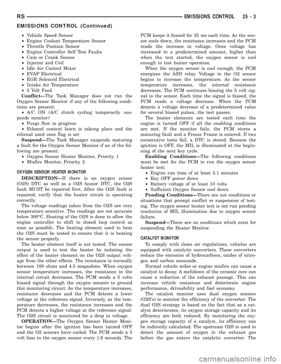 CHRYSLER VOYAGER 2001 Service Manual ²Vehicle Speed Sensor
²Engine Coolant Temperature Sensor
²Throttle Position Sensor
²Engine Controller Self Test Faults
²Cam or Crank Sensor
²Injector and Coil
²Idle Air Control Motor
²EVAP Ele CHRYSLER VOYAGER 2001 Service Manual ²Vehicle Speed Sensor
²Engine Coolant Temperature Sensor
²Throttle Position Sensor
²Engine Controller Self Test Faults
²Cam or Crank Sensor
²Injector and Coil
²Idle Air Control Motor
²EVAP Ele