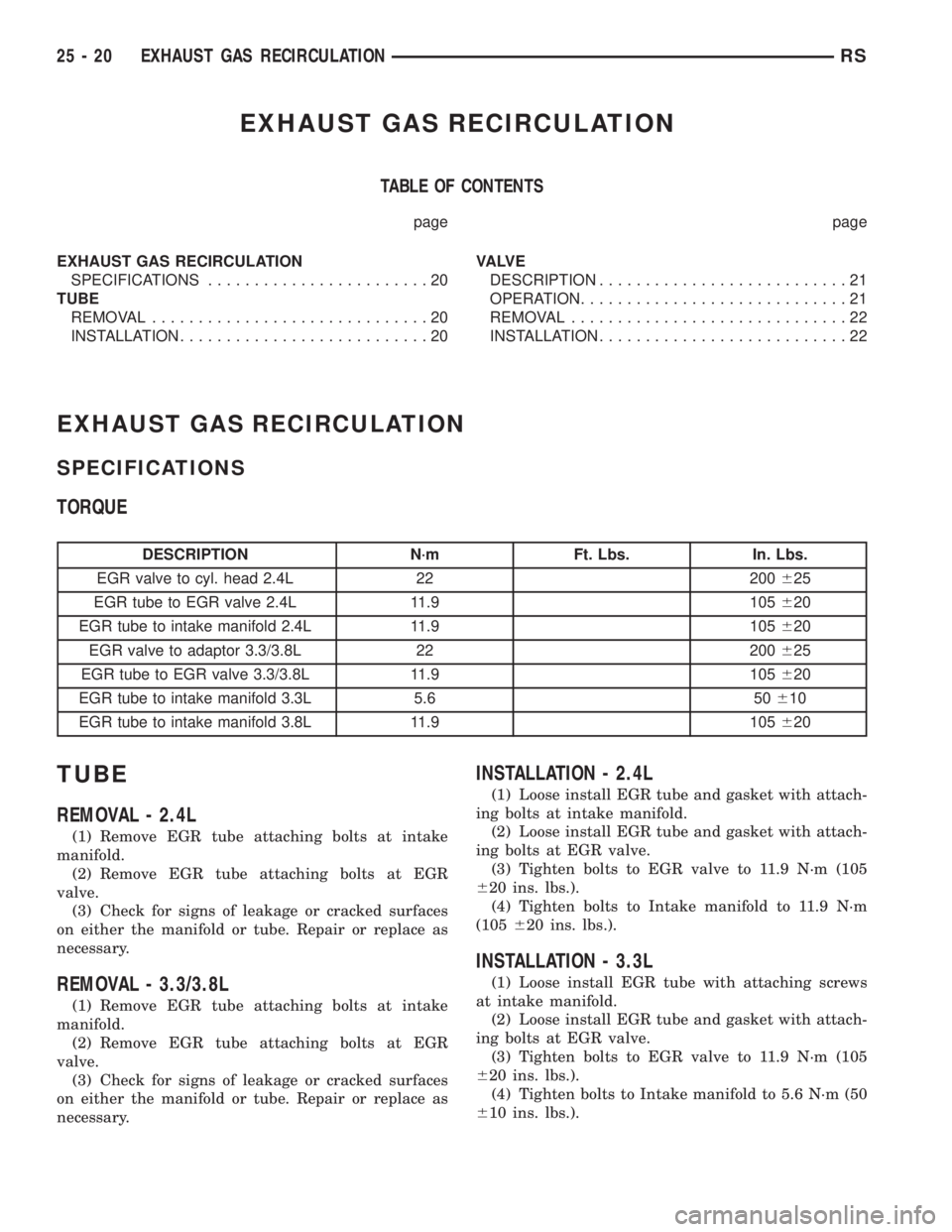 CHRYSLER VOYAGER 2001  Service Manual EXHAUST GAS RECIRCULATION
TABLE OF CONTENTS
page page
EXHAUST GAS RECIRCULATION
SPECIFICATIONS........................20
TUBE
REMOVAL..............................20
INSTALLATION......................