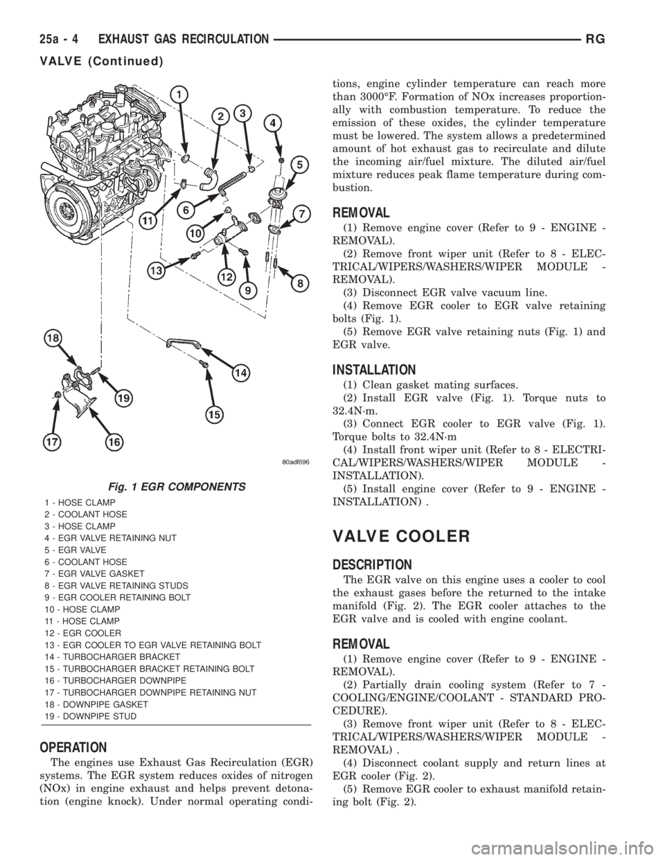 CHRYSLER VOYAGER 2001  Service Manual OPERATION
The engines use Exhaust Gas Recirculation (EGR)
systems. The EGR system reduces oxides of nitrogen
(NOx) in engine exhaust and helps prevent detona-
tion (engine knock). Under normal operati
