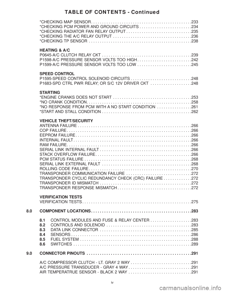 CHRYSLER VOYAGER 2001  Service Manual TABLE OF CONTENTS - Continued
*CHECKING MAP SENSOR..............................................233
*CHECKING PCM POWER AND GROUND CIRCUITS........................234
*CHECKING RADIATOR FAN RELAY OUTP