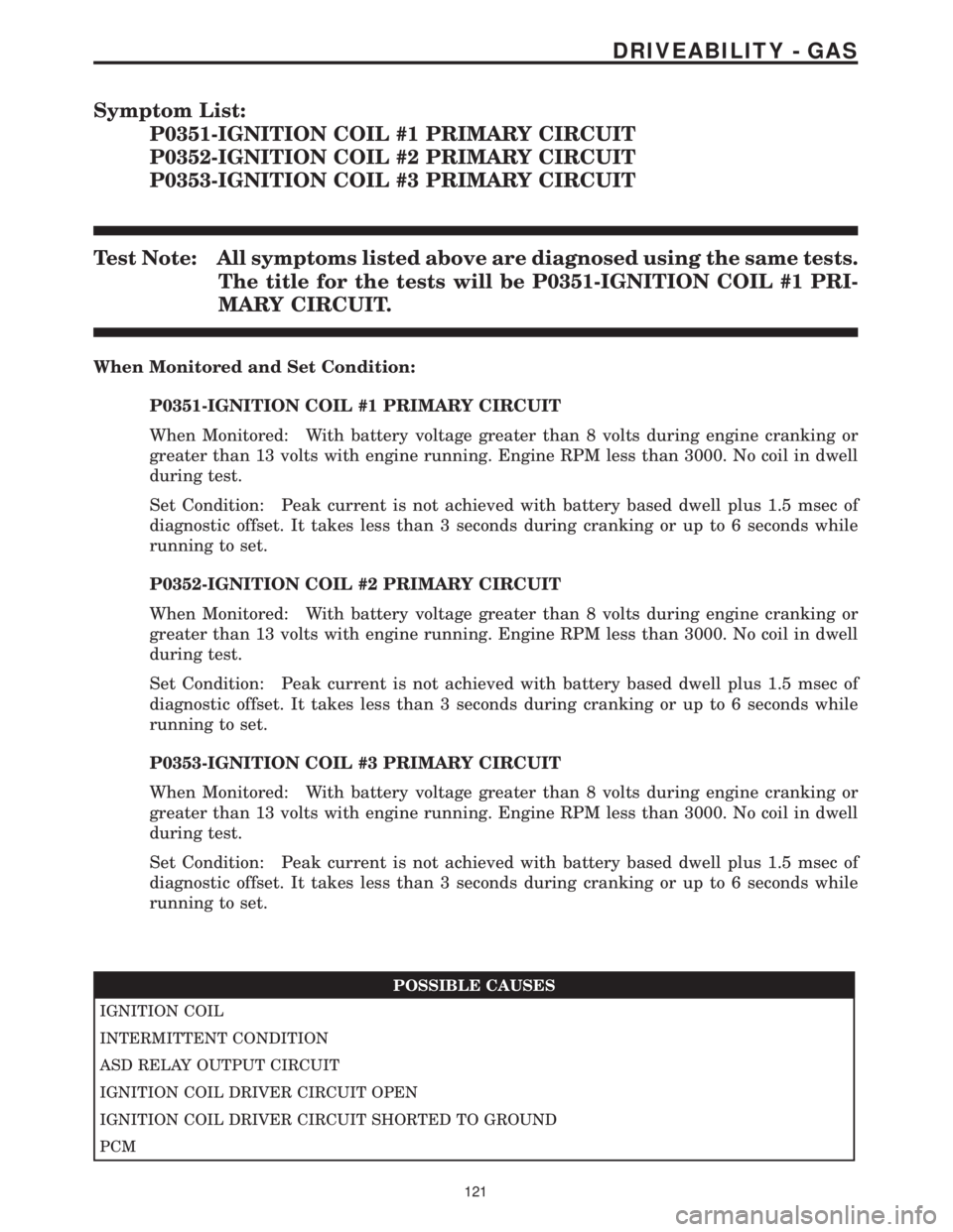 CHRYSLER VOYAGER 2001  Service Manual Symptom List:
P0351-IGNITION COIL #1 PRIMARY CIRCUIT
P0352-IGNITION COIL #2 PRIMARY CIRCUIT
P0353-IGNITION COIL #3 PRIMARY CIRCUIT
Test Note: All symptoms listed above are diagnosed using the same tes