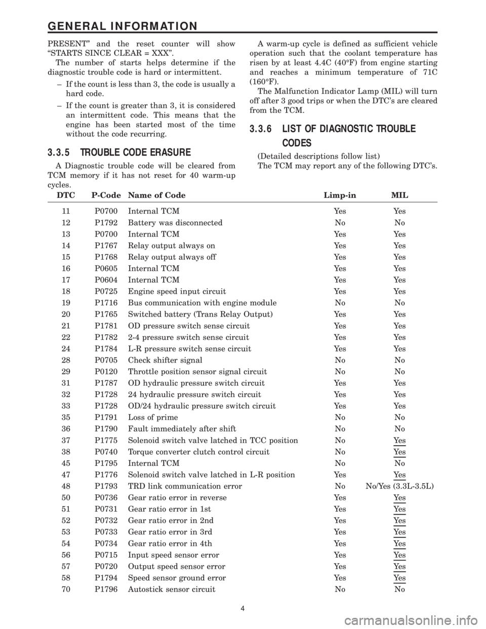 CHRYSLER VOYAGER 2001 Service Manual PRESENT and the reset counter will show
``STARTS SINCE CLEAR = XXX.
The number of starts helps determine if the
diagnostic trouble code is hard or intermittent.
± If the count is less than 3, the CHRYSLER VOYAGER 2001 Service Manual PRESENT and the reset counter will show
``STARTS SINCE CLEAR = XXX.
The number of starts helps determine if the
diagnostic trouble code is hard or intermittent.
± If the count is less than 3, the
