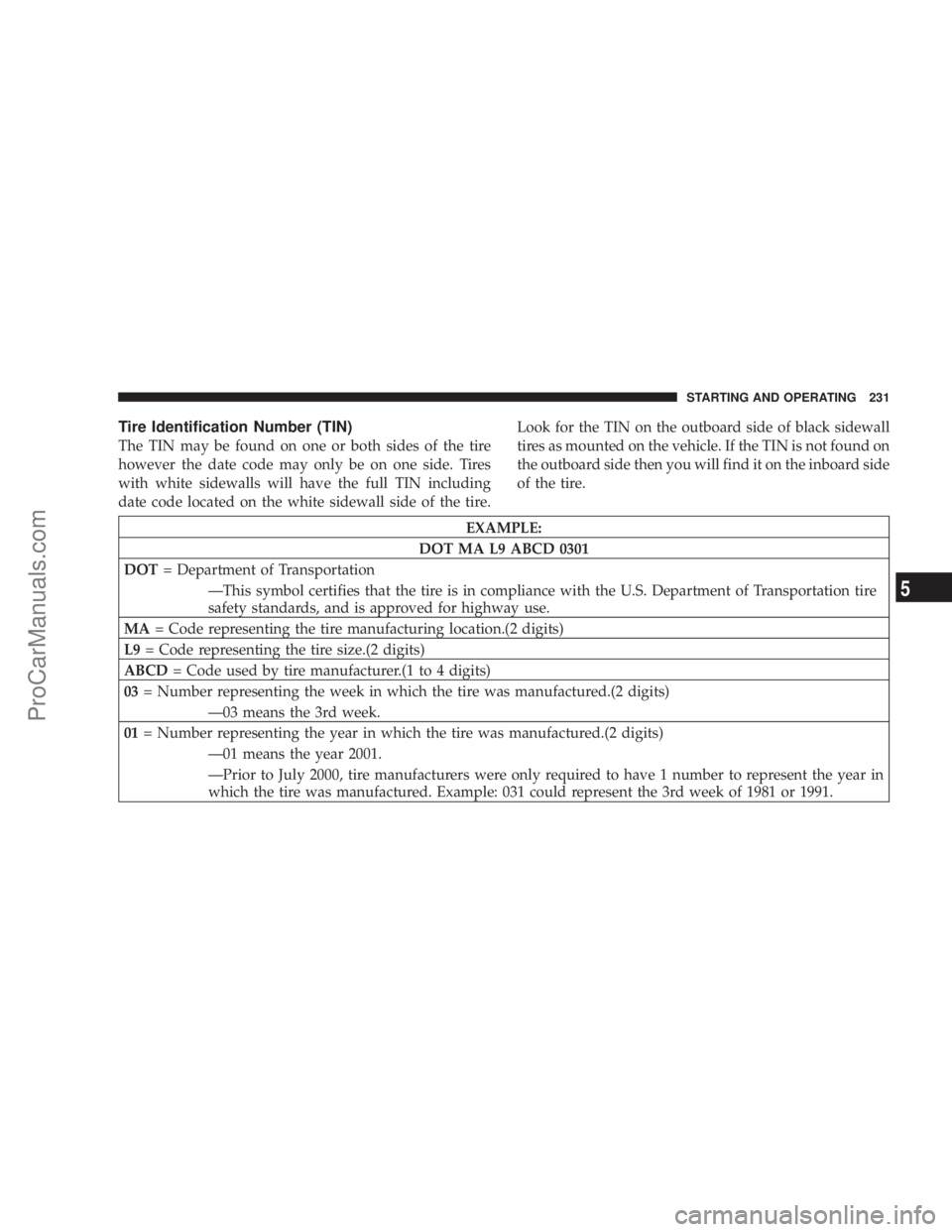 CHRYSLER 300 LX 2005  Owners Manual Tire Identification Number (TIN)
The TIN may be found on one or both sides of the tire
however the date code may only be on one side. Tires
with white sidewalls will have the full TIN including
date c