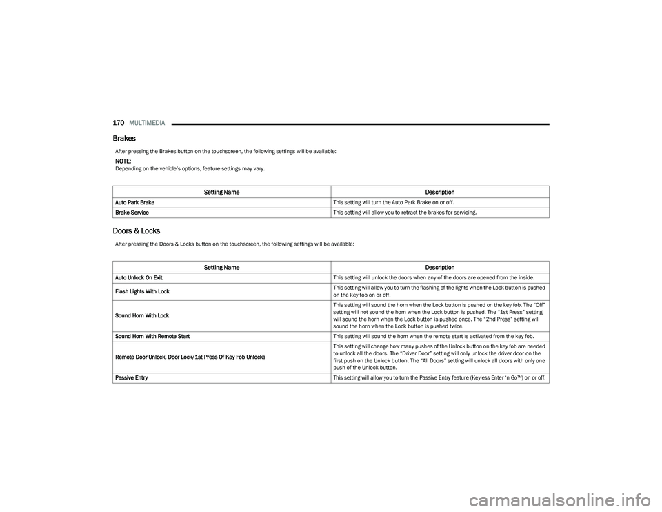 CHRYSLER PACIFICA 2023  Owners Manual 
170MULTIMEDIA  
Brakes
Doors & Locks
After pressing the Brakes button on the touchscreen, the following settings will be available:
NOTE:Depending on the vehicle’s options, feature settings may var