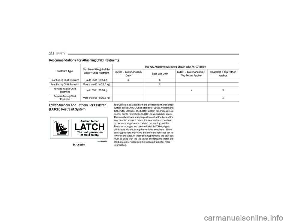 CHRYSLER PACIFICA 2023  Owners Manual 
222SAFETY  
Recommendations For Attaching Child Restraints 
Lower Anchors And Tethers For CHildren 
(LATCH) Restraint System 

LATCH Label

Your vehicle is equipped with the child restraint anchorage