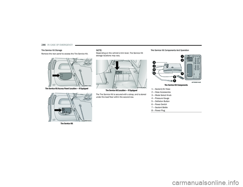 CHRYSLER PACIFICA 2023  Owners Manual 
246IN CASE OF EMERGENCY  
Tire Service Kit Storage
Remove the rear panel to access the Tire Service Kit.

Tire Service Kit Access Panel Location — If Equipped
Tire Service Kit
 NOTE:
Depending on t