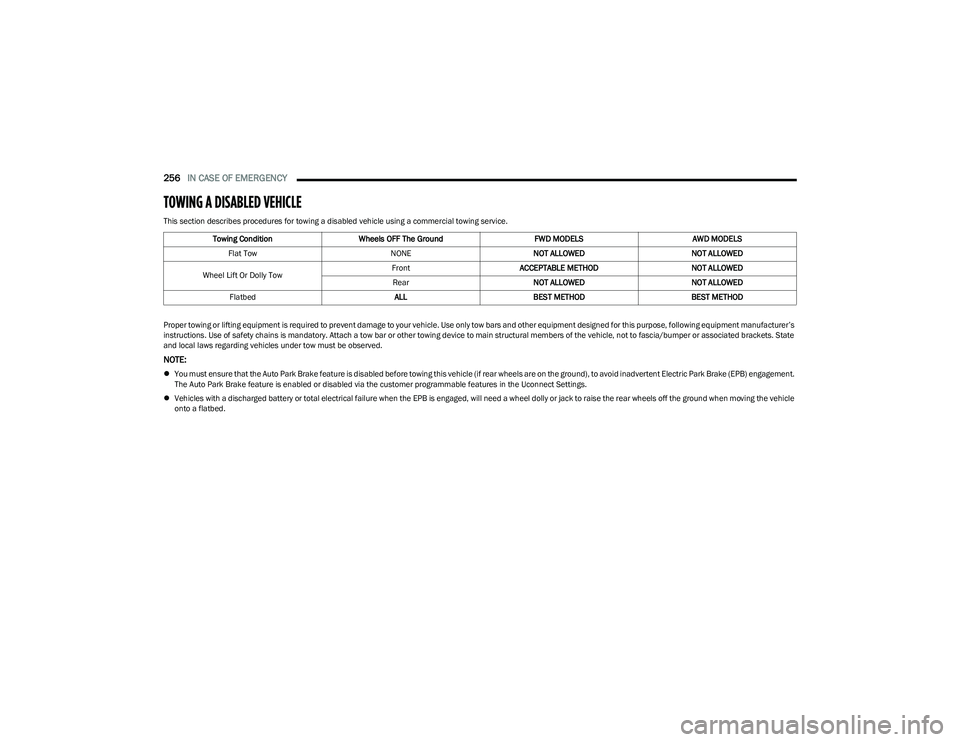 CHRYSLER PACIFICA 2023  Owners Manual 
256IN CASE OF EMERGENCY  
TOWING A DISABLED VEHICLE  
This section describes procedures for towing a disabled vehicle using a commercial towing service.
Proper towing or lifting equipment is required