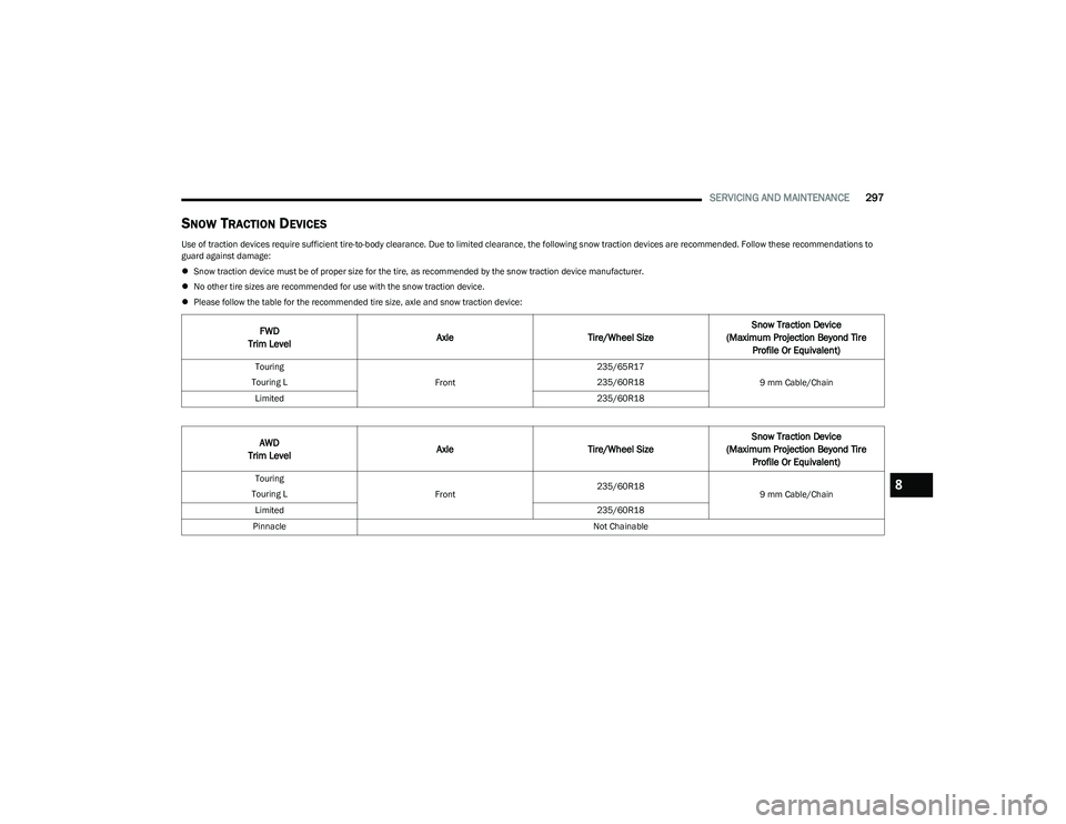 CHRYSLER PACIFICA 2023  Owners Manual 
SERVICING AND MAINTENANCE297
SNOW TRACTION DEVICES 
Use of traction devices require sufficient tire-to-body clearance. Due to limited clearance, the following snow traction devices are recommended. F