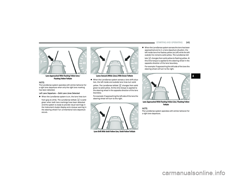 CHRYSLER PACIFICA HYBRID 2023  Owners Manual 
STARTING AND OPERATING141

Lane Approached With Flashing Yellow Line/
Flashing Yellow Telltale

NOTE:
The LaneSense system operates with similar behavior for 
a right lane departure when only the rig