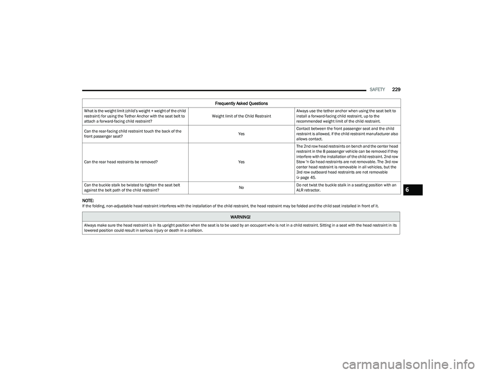CHRYSLER PACIFICA HYBRID 2023  Owners Manual 
SAFETY229
NOTE:If the folding, non-adjustable head restraint interferes with the installation of the child restraint, the head restraint may be folded and the child seat installed in front of it.
Fre
