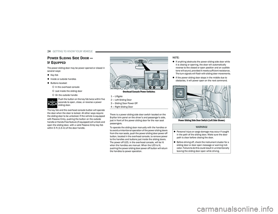 CHRYSLER PACIFICA HYBRID 2023  Owners Manual 
24GETTING TO KNOW YOUR VEHICLE  
POWER SLIDING SIDE DOOR — 
I
F EQUIPPED
The power sliding door may be power opened or closed in 
several ways:
 Key fob
 Inside or outside handles
 Buttons