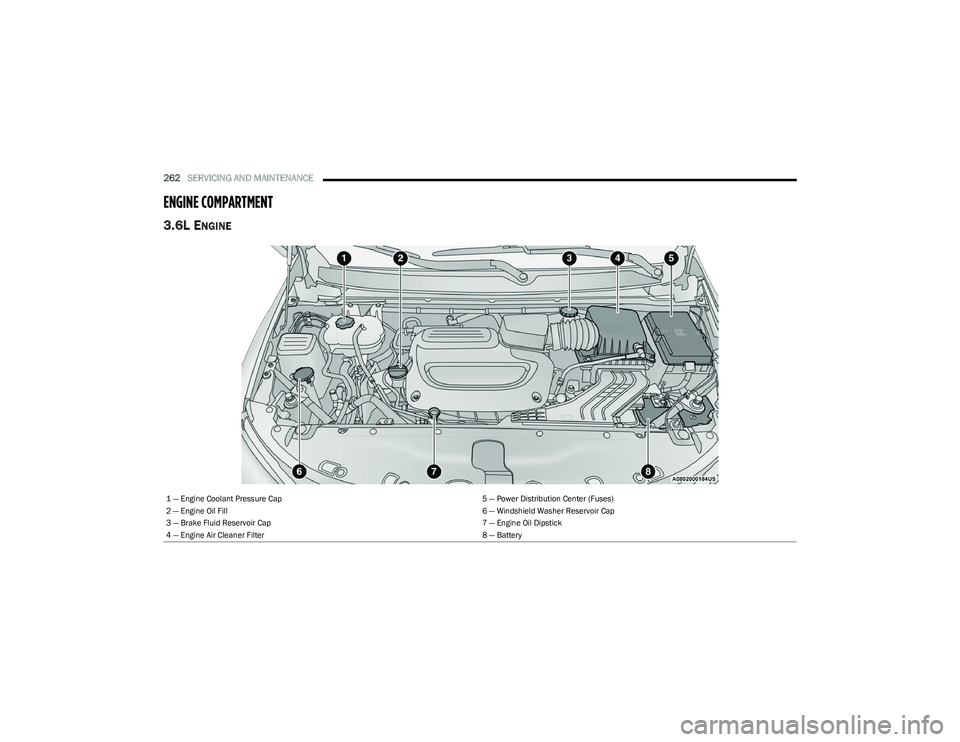CHRYSLER PACIFICA HYBRID 2023  Owners Manual 
262SERVICING AND MAINTENANCE  
ENGINE COMPARTMENT  
3.6L ENGINE
1 — Engine Coolant Pressure Cap 5 — Power Distribution Center (Fuses)
2 — Engine Oil Fill 6 — Windshield Washer Reservoir Cap
3