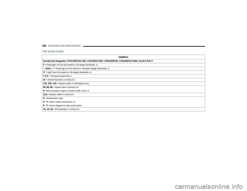 CHRYSLER PACIFICA HYBRID 2023  Owners Manual 
284SERVICING AND MAINTENANCE  
TIRE SIZING CHART 
EXAMPLE:
Example Size Designation: P215/65R15XL 95H, 215/65R15 96H, LT235/85R16C, T145/80D18 103M, 31x10.5 R15 LT
P = Passenger car tire size based o