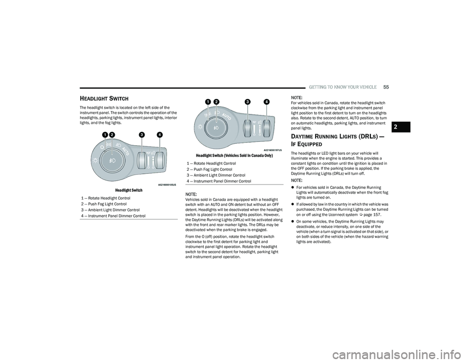 CHRYSLER PACIFICA HYBRID 2023  Owners Manual 
GETTING TO KNOW YOUR VEHICLE55
HEADLIGHT SWITCH
The headlight switch is located on the left side of the 
instrument panel. The switch controls the operation of the 
headlights, parking lights, instru