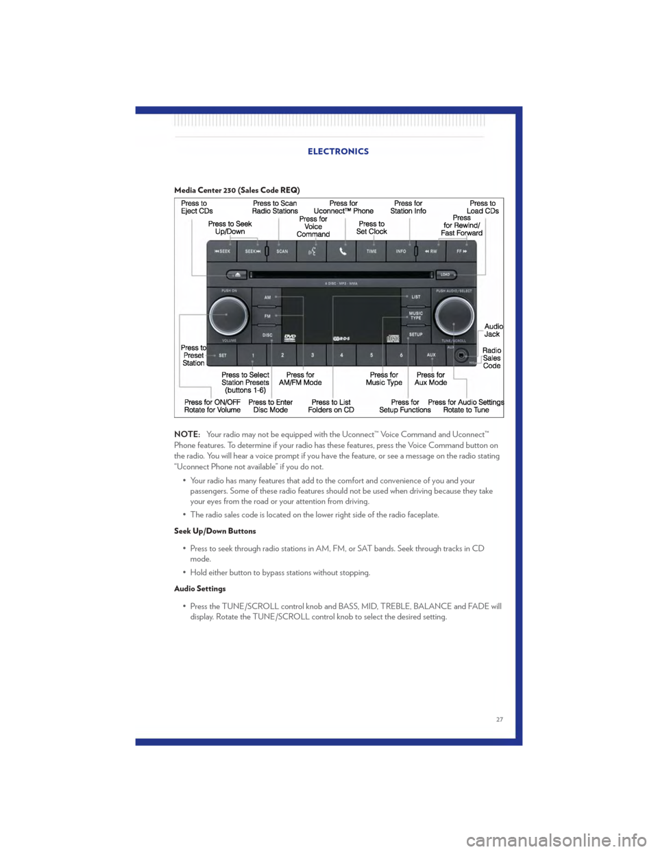 CHRYSLER 200 2011 1.G User Guide Media Center 230 (Sales Code REQ)
NOTE:Your radio may not be equipped with the Uconnect™ Voice Command and Uconnect™
Phone features. To determine if your radio has these features, press the Voice CHRYSLER 200 2011 1.G User Guide Media Center 230 (Sales Code REQ)
NOTE:Your radio may not be equipped with the Uconnect™ Voice Command and Uconnect™
Phone features. To determine if your radio has these features, press the Voice