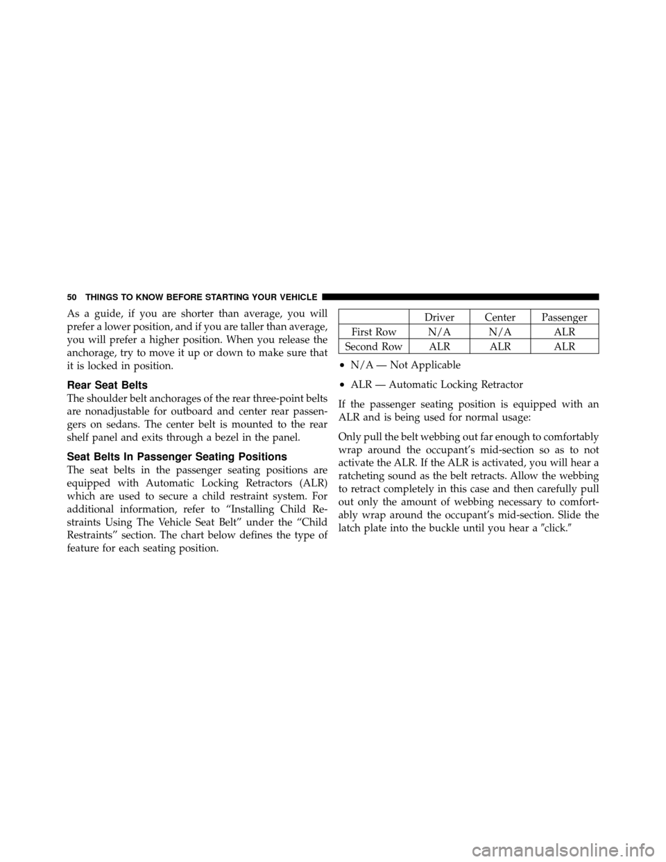 CHRYSLER 200 2012 1.G Owners Manual As a guide, if you are shorter than average, you will
prefer a lower position, and if you are taller than average,
you will prefer a higher position. When you release the
anchorage, try to move it up CHRYSLER 200 2012 1.G Owners Manual As a guide, if you are shorter than average, you will
prefer a lower position, and if you are taller than average,
you will prefer a higher position. When you release the
anchorage, try to move it up