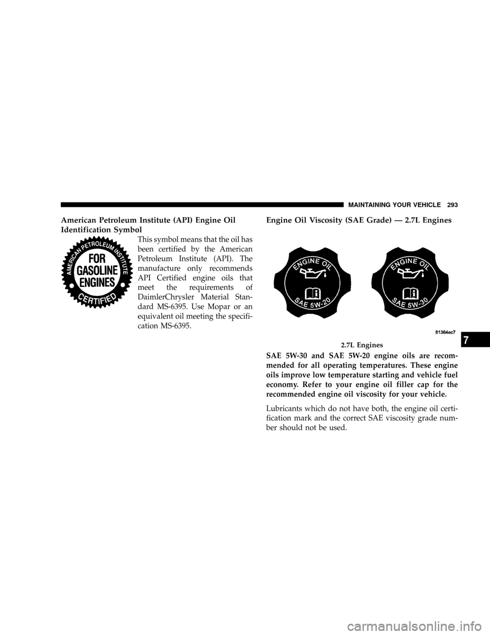 CHRYSLER 300 2005 1.G Owners Manual American Petroleum Institute (API) Engine Oil
Identification Symbol
This symbol means that the oil has
been certified by the American
Petroleum Institute (API). The
manufacture only recommends
API Cer