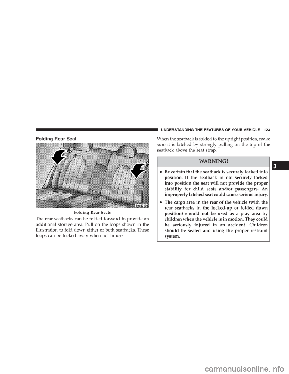CHRYSLER 300 2008 1.G Owners Manual Folding Rear Seat
The rear seatbacks can be folded forward to provide an
additional storage area. Pull on the loops shown in the
illustration to fold down either or both seatbacks. These
loops can be 