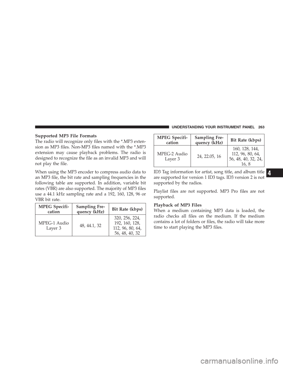 CHRYSLER 300 2009 1.G Owners Manual Supported MP3 File Formats
The radio will recognize only files with the *.MP3 exten-
sion as MP3 files. Non-MP3 files named with the *.MP3
extension may cause playback problems. The radio is
designed 