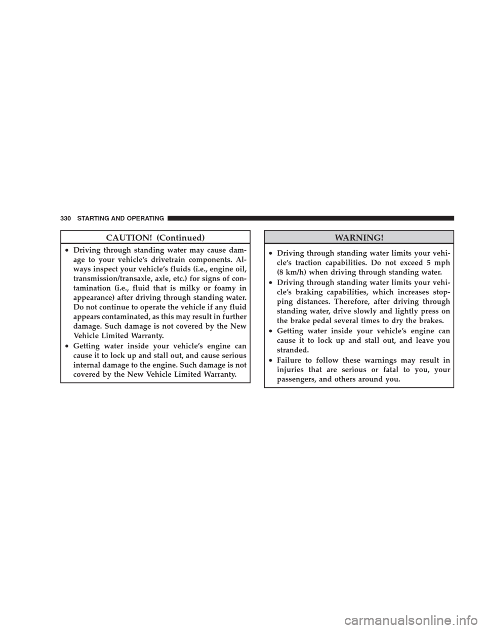 CHRYSLER 300 2009 1.G Owners Manual CAUTION! (Continued)
•Driving through standing water may cause dam-
age to your vehicle’s drivetrain components. Al-
ways inspect your vehicle’s fluids (i.e., engine oil,
transmission/transaxle,