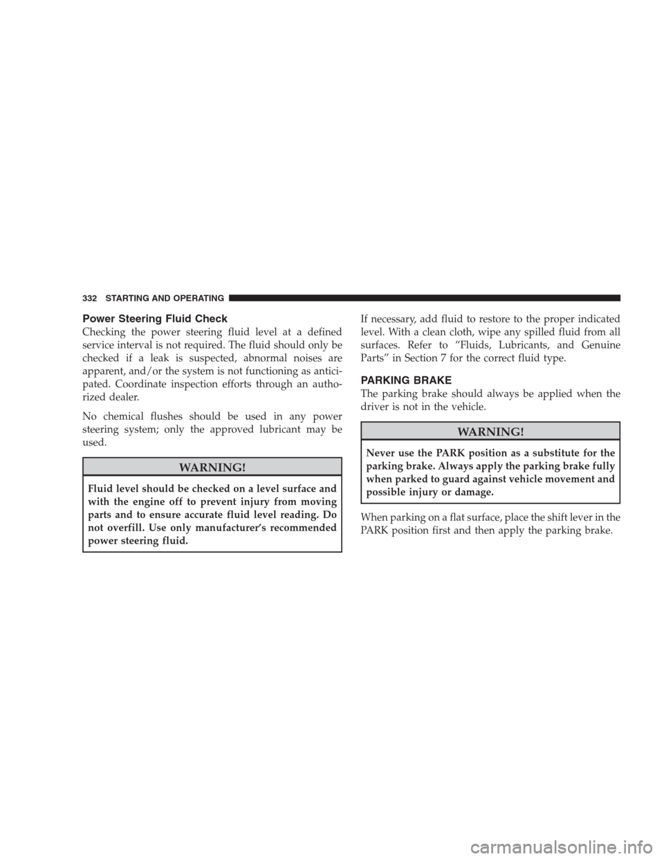 CHRYSLER 300 2009 1.G Owners Manual Power Steering Fluid Check
Checking the power steering fluid level at a defined
service interval is not required. The fluid should only be
checked if a leak is suspected, abnormal noises are
apparent,