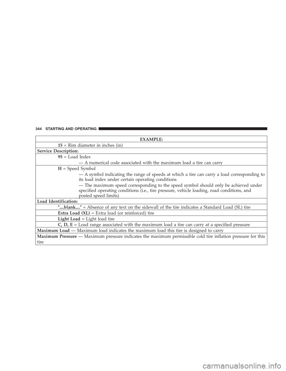 CHRYSLER 300 2009 1.G Owners Manual EXAMPLE:
15= Rim diameter in inches (in)
Service Description:
95= Load Index
— A numerical code associated with the maximum load a tire can carry
H= Speed Symbol
— A symbol indicating the range of