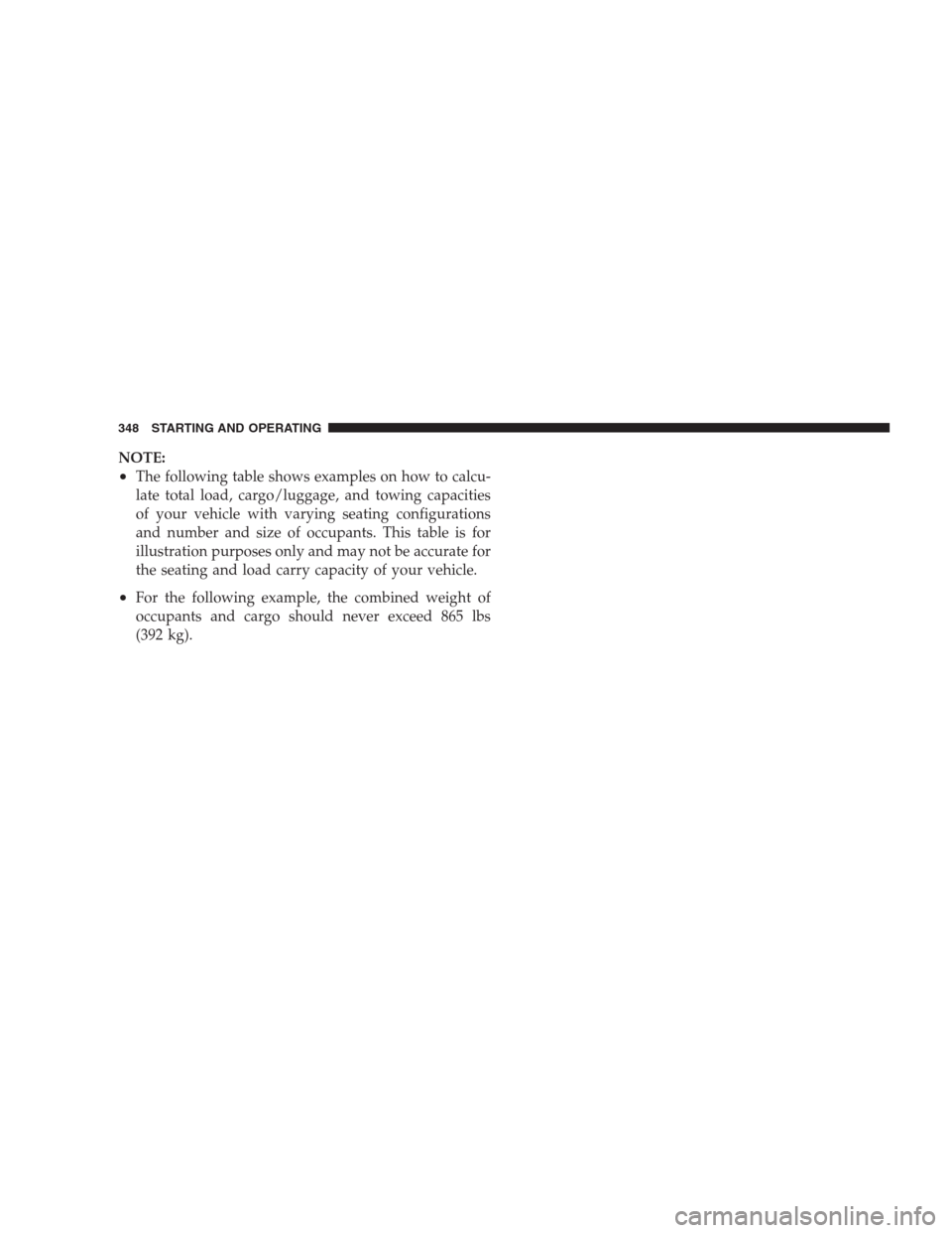 CHRYSLER 300 2009 1.G Owners Manual NOTE:
•The following table shows examples on how to calcu-
late total load, cargo/luggage, and towing capacities
of your vehicle with varying seating configurations
and number and size of occupants.