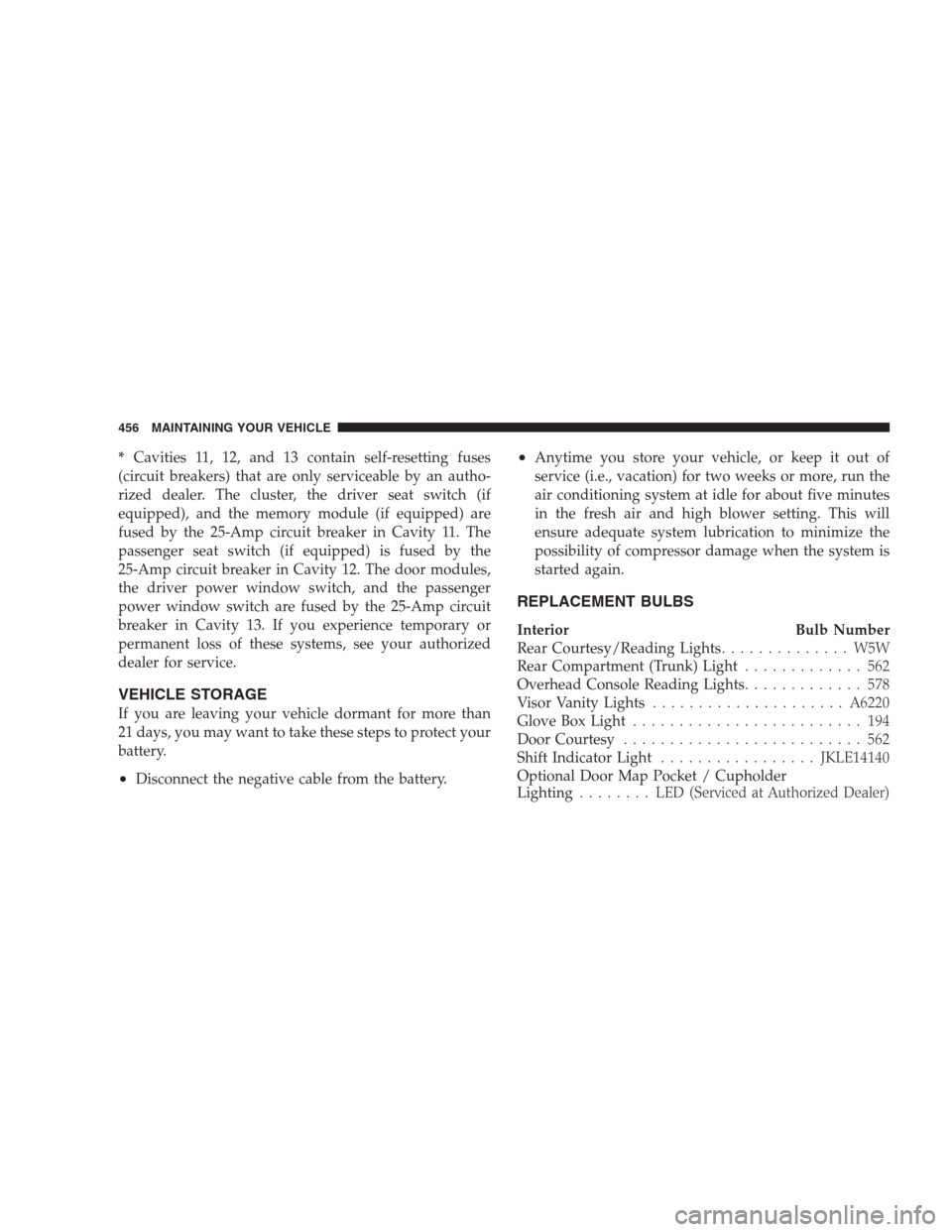 CHRYSLER 300 2009 1.G Owners Manual *Cavities 11, 12, and 13 contain self-resetting fuses
(circuit breakers) that are only serviceable by an autho-
rized dealer. The cluster, the driver seat switch (if
equipped), and the memory module (