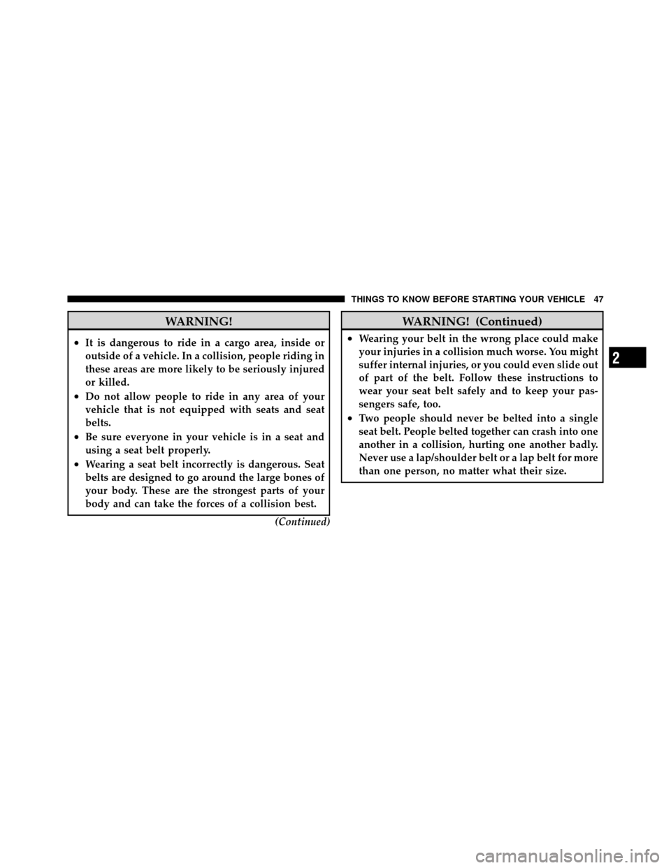 CHRYSLER 300 2010 1.G Owners Manual WARNING!
•It is dangerous to ride in a cargo area, inside or
outside of a vehicle. In a collision, people riding in
these areas are more likely to be seriously injured
or killed.
•Do not allow peo