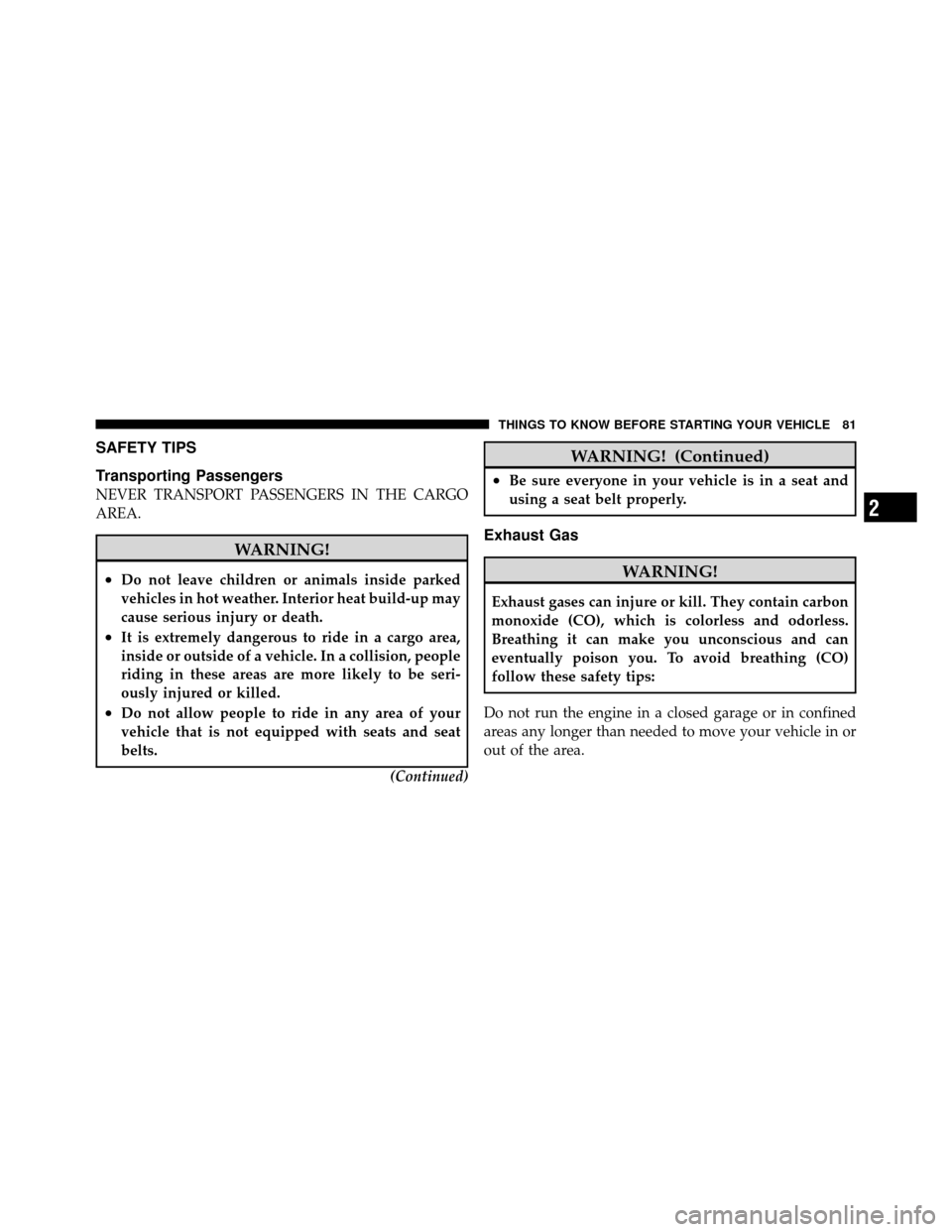 CHRYSLER 300 2010 1.G Owners Manual SAFETY TIPS
Transporting Passengers
NEVER TRANSPORT PASSENGERS IN THE CARGO
AREA.
WARNING!
•Do not leave children or animals inside parked
vehicles in hot weather. Interior heat build-up may
cause s