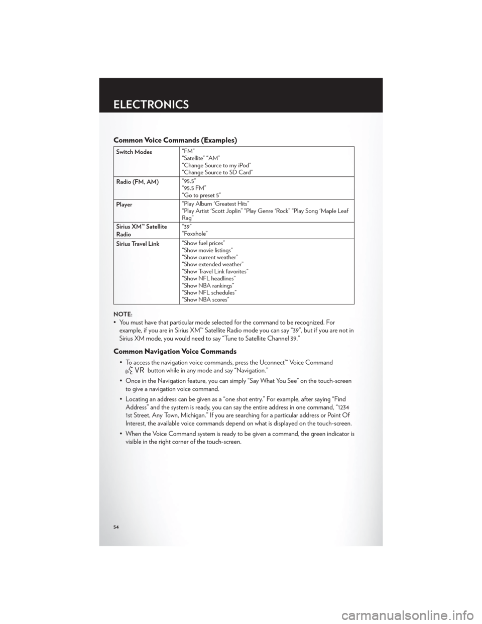 CHRYSLER 300 2012 2.G User Guide Common Voice Commands (Examples)
Switch Modes“FM”
“Satellite” “AM”
“Change Source to my iPod”
“Change Source to SD Card”
Radio (FM, AM) “95.5”
“95.5 FM”
“Go to preset 5