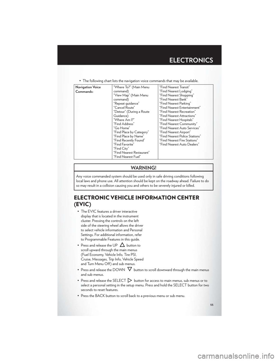 CHRYSLER 300 2012 2.G User Guide • The following chart lists the navigation voice commands that may be available.
Navigation Voice
Commands:“Where To?” (Main Menu
command)
“View Map” (Main Menu
command)
“Repeat guidance
