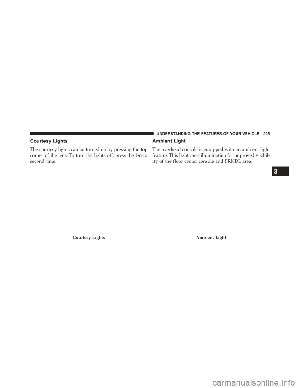 CHRYSLER 300 2013 2.G Owners Manual Courtesy Lights
The courtesy lights can be turned on by pressing the top
corner of the lens. To turn the lights off, press the lens a
second time.
Ambient Light
The overhead console is equipped with a