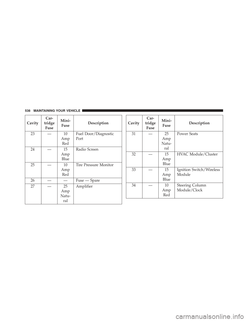 CHRYSLER 300 2013 2.G Owners Manual CavityCar-
tridge Fuse Mini-
Fuse Description
23 — 10 AmpRed Fuel Door/Diagnostic
Port
24 — 15 AmpBlue Radio Screen
25 — 10 AmpRed Tire Pressure Monitor
26 — — Fuse — Spare
27 — 25 Amp
N