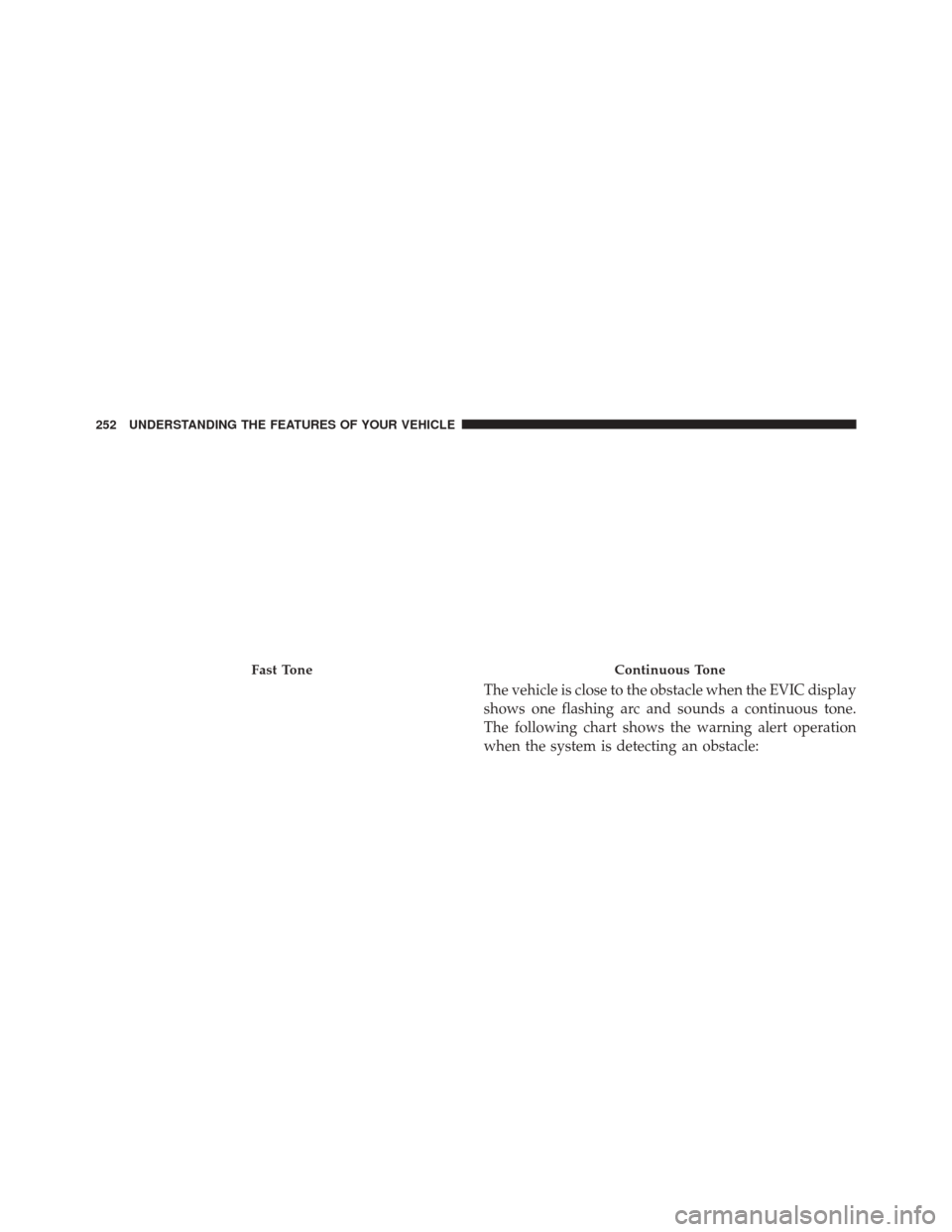 CHRYSLER 300 2014 2.G Owners Manual The vehicle is close to the obstacle when the EVIC display
shows one flashing arc and sounds a continuous tone.
The following chart shows the warning alert operation
when the system is detecting an ob
