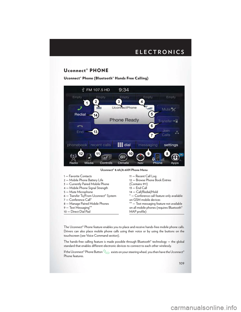 CHRYSLER 300 2015 2.G User Guide Uconnect® PHONE
Uconnect® Phone (Bluetooth® Hands Free Calling)
The Uconnect® Phone feature enables you to place and receive hands-free mobile phone calls.
Drivers can also place mobile phone call