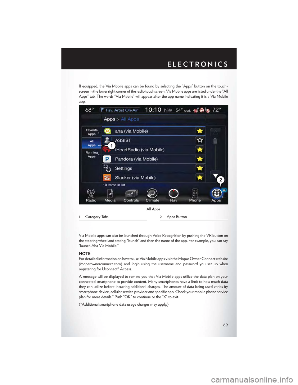CHRYSLER 300 2015 2.G User Guide If equipped, the Via Mobile apps can be found by selecting the “Apps” button on the touch-
screen in the lower right corner of the radio touchscreen. Via Mobile apps are listed under the “All
Ap CHRYSLER 300 2015 2.G User Guide If equipped, the Via Mobile apps can be found by selecting the “Apps” button on the touch-
screen in the lower right corner of the radio touchscreen. Via Mobile apps are listed under the “All
Ap