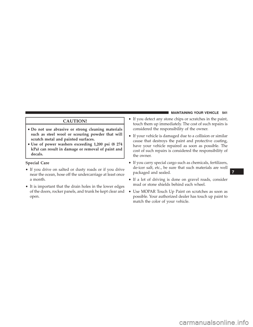 CHRYSLER 300 2016 2.G Owners Manual CAUTION!
•Do not use abrasive or strong cleaning materials
such as steel wool or scouring powder that will
scratch metal and painted surfaces.
• Use of power washers exceeding 1,200 psi (8 274
kPa CHRYSLER 300 2016 2.G Owners Manual CAUTION!
•Do not use abrasive or strong cleaning materials
such as steel wool or scouring powder that will
scratch metal and painted surfaces.
• Use of power washers exceeding 1,200 psi (8 274
kPa