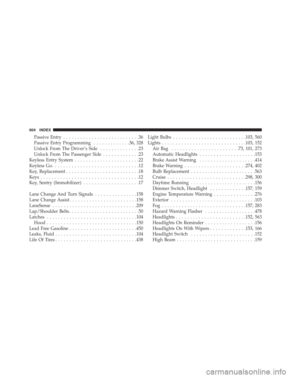 CHRYSLER 300 2016 2.G Owners Manual Passive Entry...........................36
Passive Entry Programming .............36, 328
Unlock From The Driver’s Side ..............23
Unlock From The Passenger Side .............23
Keyless Entry 