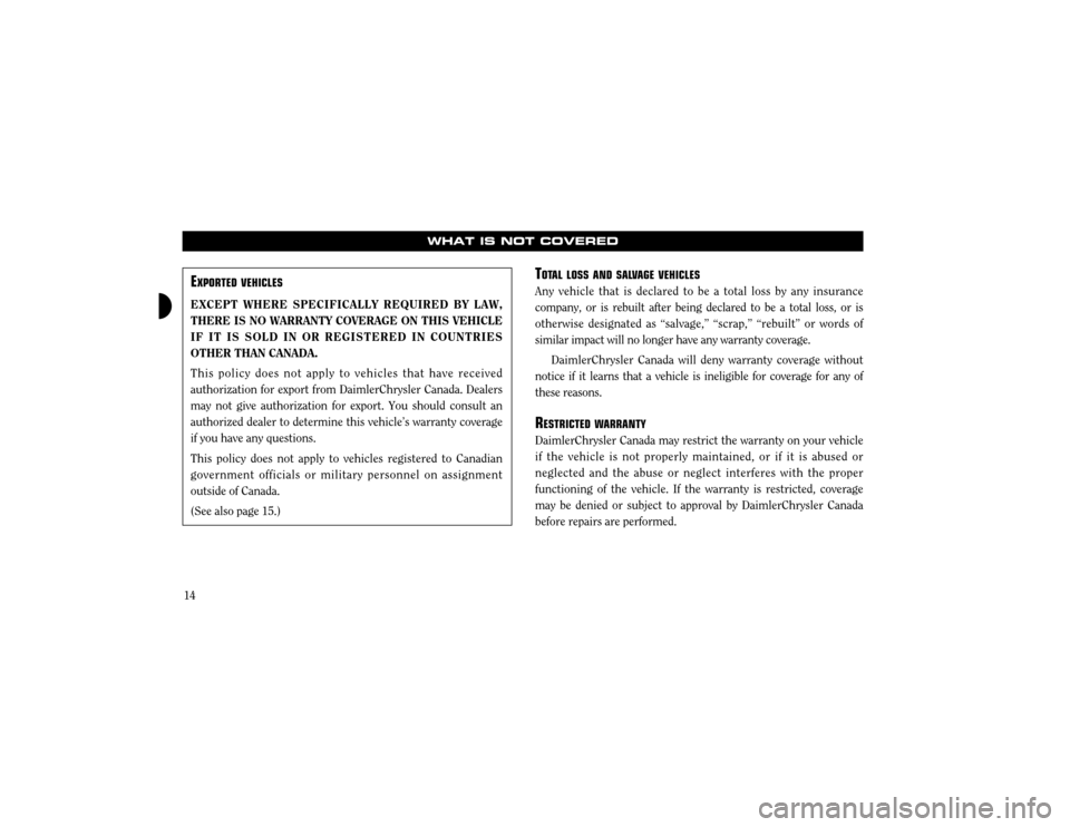 CHRYSLER 300 2003 1.G Warranty Booklet 14
WHAT IS NOT COVERED
EXPOR TEDVEHICLES
EXCEPT WHERE SPECIFICALLY REQUIRED BY LAW, THERE IS NO WARRANTY COVERAGE ON THIS VEHICLEIF IT IS SOLD IN OR REGISTERED IN COUNTRIESOTHER THAN CANADA. This poli