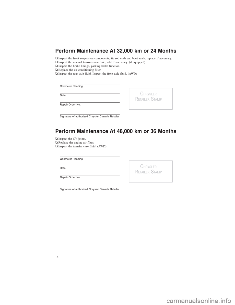 CHRYSLER 300 2014 2.G Warranty Booklet Perform Maintenance At 32,000 km or 24 Months
❏Inspect the front suspension components, tie rod ends and boot seals; replace if necessary.
❏Inspect the manual transmission fluid, add if necessary.