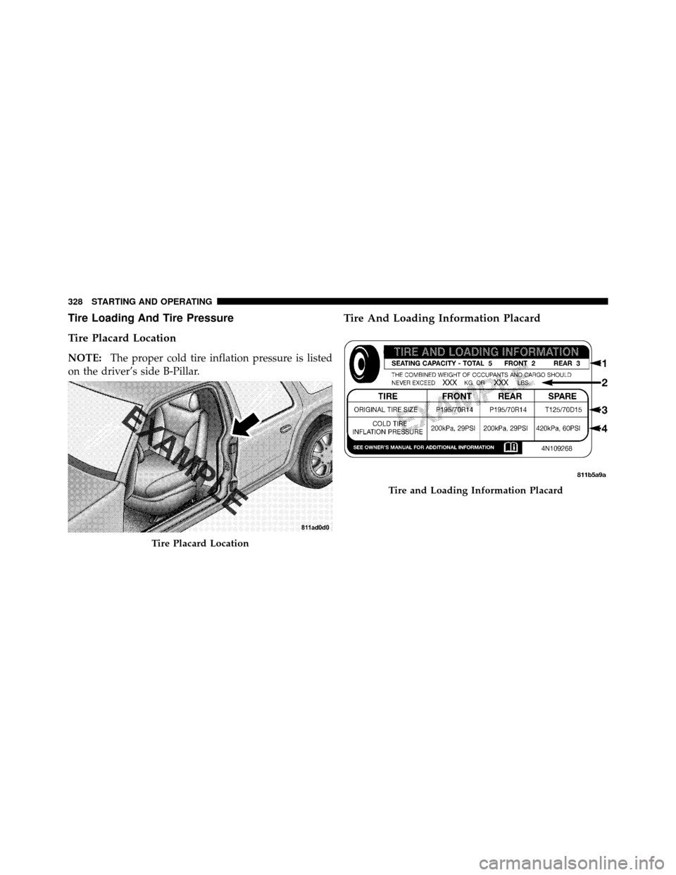 CHRYSLER 200 CONVERTIBLE 2011 1.G Owners Manual Tire Loading And Tire Pressure
Tire Placard Location
NOTE:The proper cold tire inflation pressure is listed
on the driver’s side B-Pillar.
Tire And Loading Information Placard
Tire Placard Location
