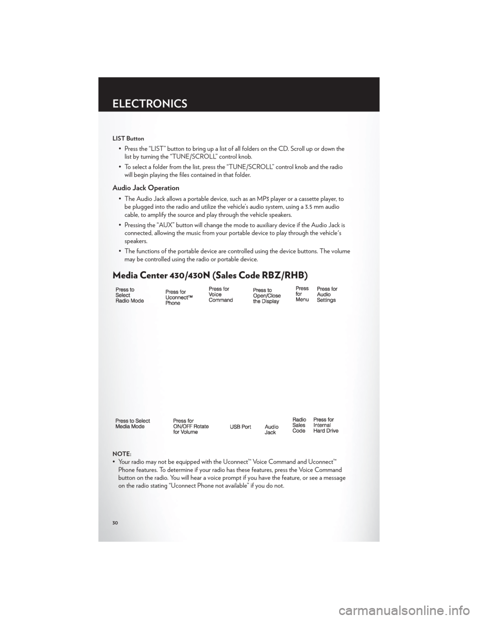 CHRYSLER 200 CONVERTIBLE 2012 1.G User Guide LIST Button
• Press the “LIST” button to bring up a list of all folders on the CD. Scroll up or down thelist by turning the “TUNE/SCROLL” control knob.
• To select a folder from the list, CHRYSLER 200 CONVERTIBLE 2012 1.G User Guide LIST Button
• Press the “LIST” button to bring up a list of all folders on the CD. Scroll up or down thelist by turning the “TUNE/SCROLL” control knob.
• To select a folder from the list,
