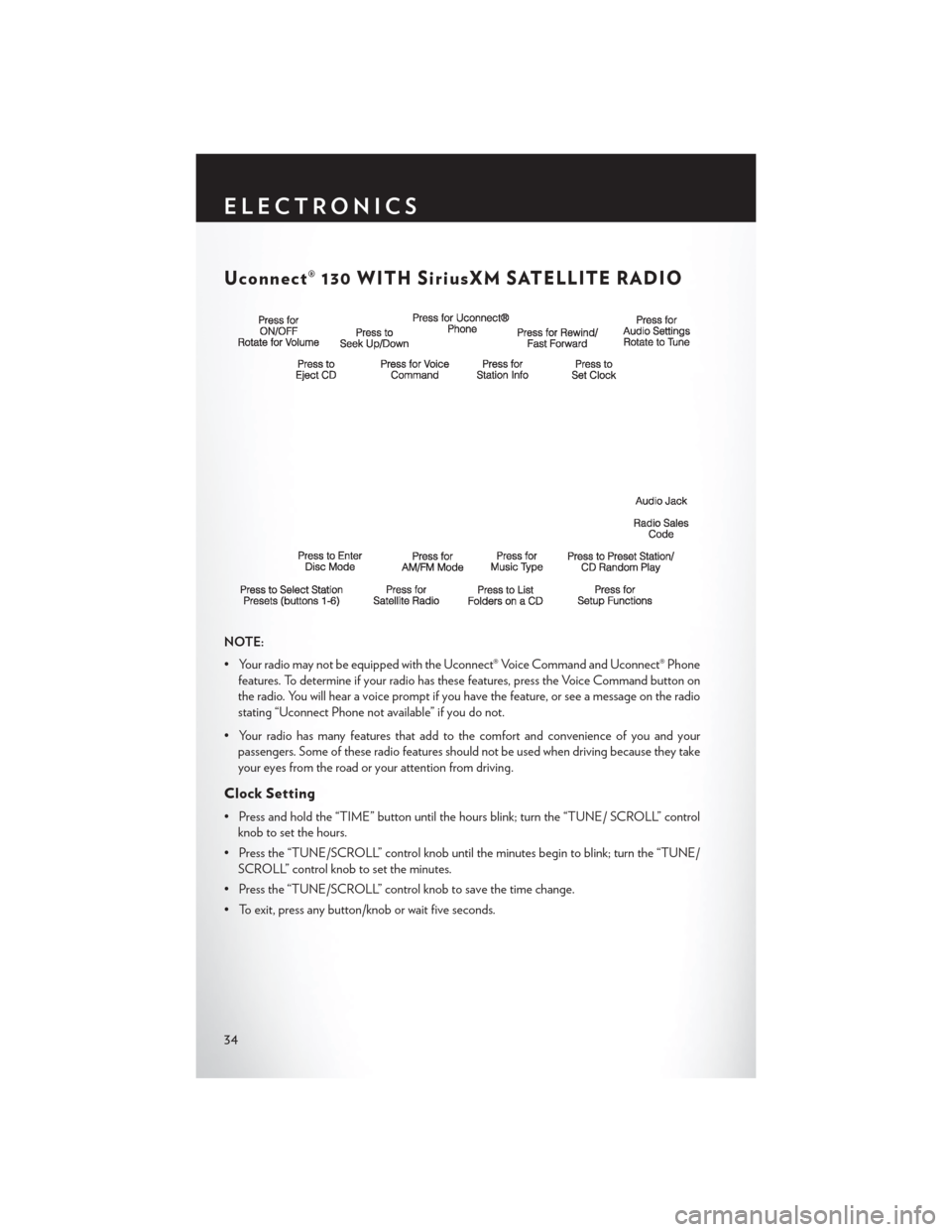 CHRYSLER 200 CONVERTIBLE 2014 1.G User Guide Uconnect® 130 WITH SiriusXM SATELLITE RADIO
NOTE:
• Your radio may not be equipped with the Uconnect® Voice Command and Uconnect® Phonefeatures. To determine if your radio has these features, pre
