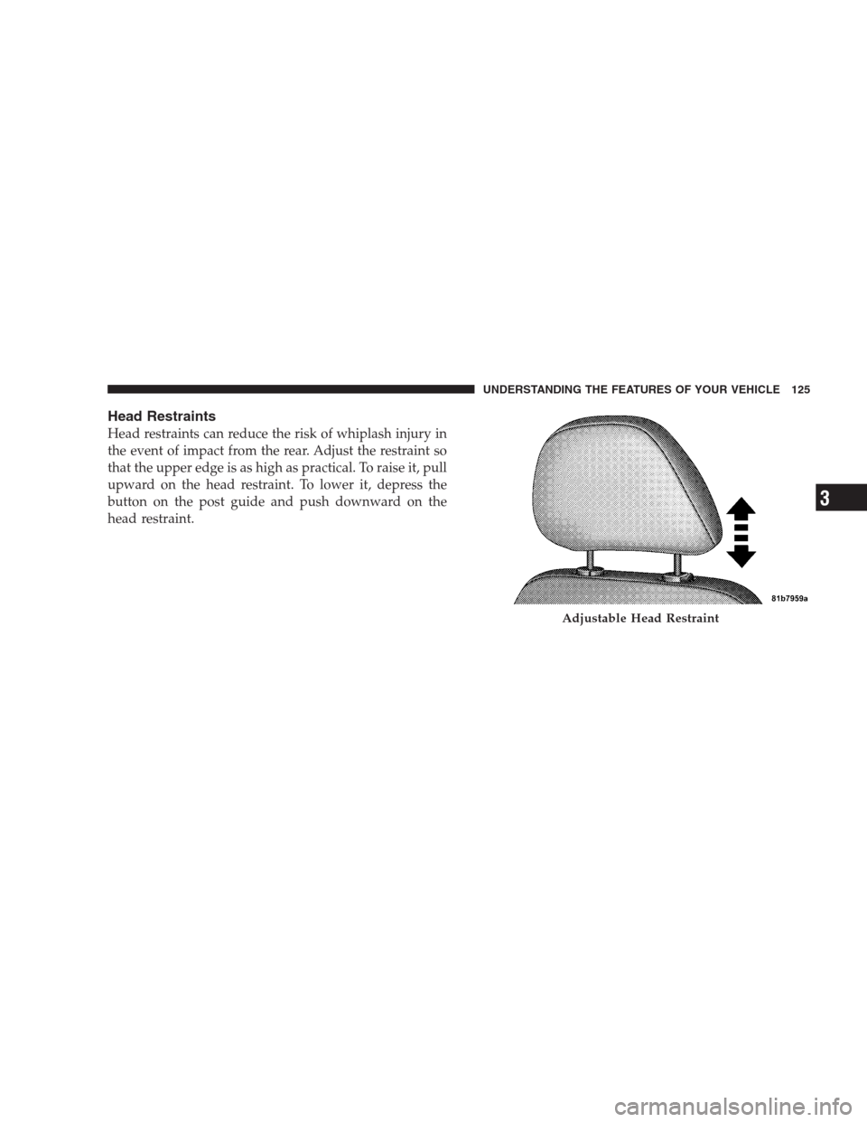 CHRYSLER 300 SRT 2009 1.G Owners Manual Head Restraints
Head restraints can reduce the risk of whiplash injury in
the event of impact from the rear. Adjust the restraint so
that the upper edge is as high as practical. To raise it, pull
upwa